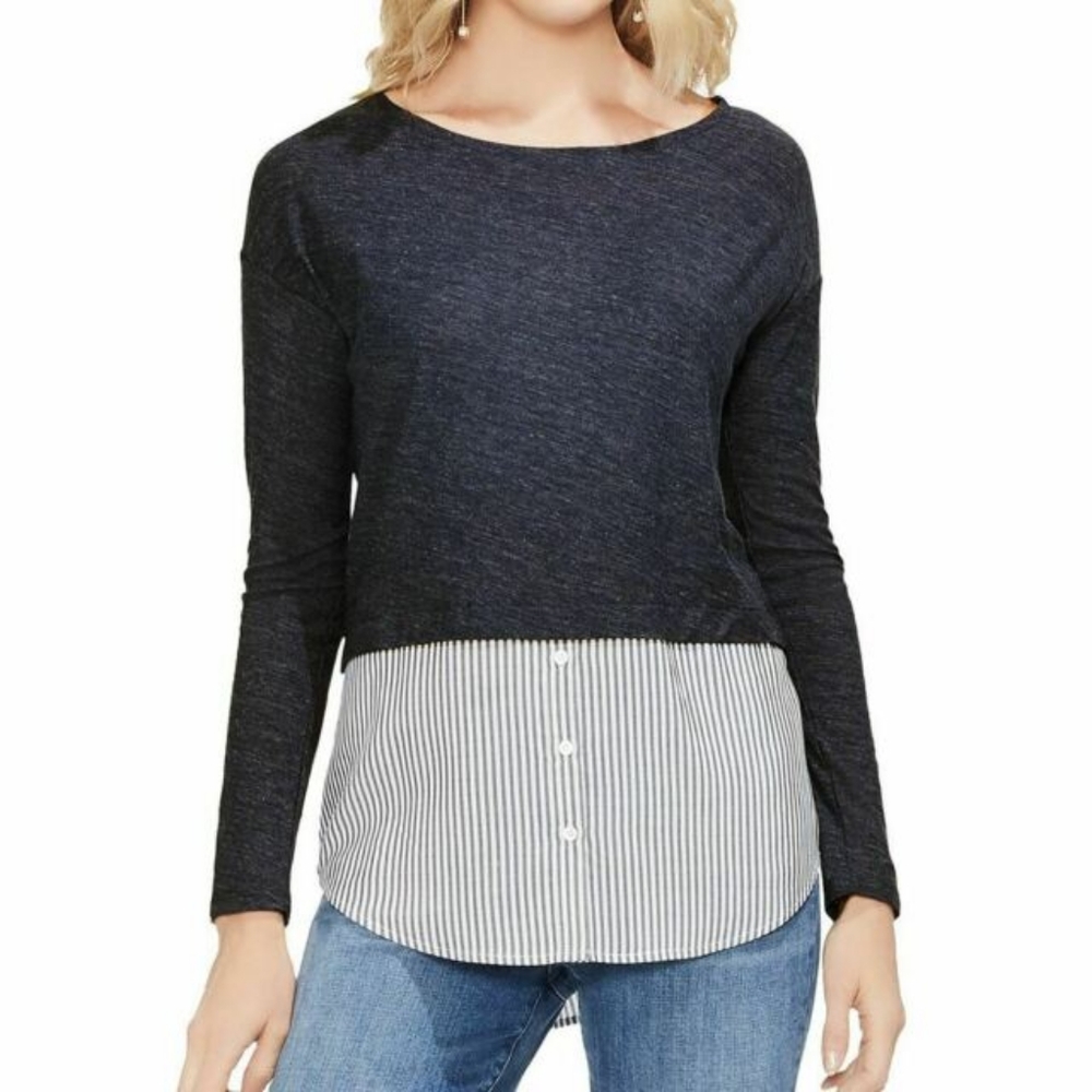 VINCE CAMUTO Mixed Media Striped Hem Pullover Longline Crewneck T…
